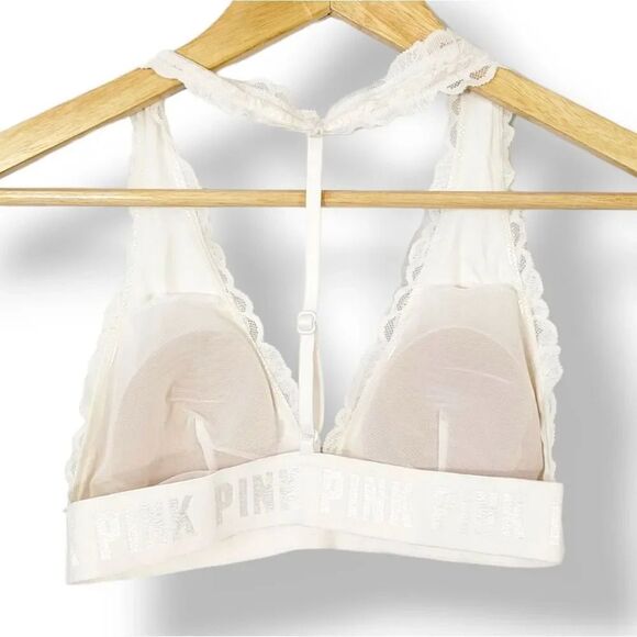 Victoria's Secret Pink Lace T-Strap Logo Bralette in Ivory Size Small - Picture 5 of 14